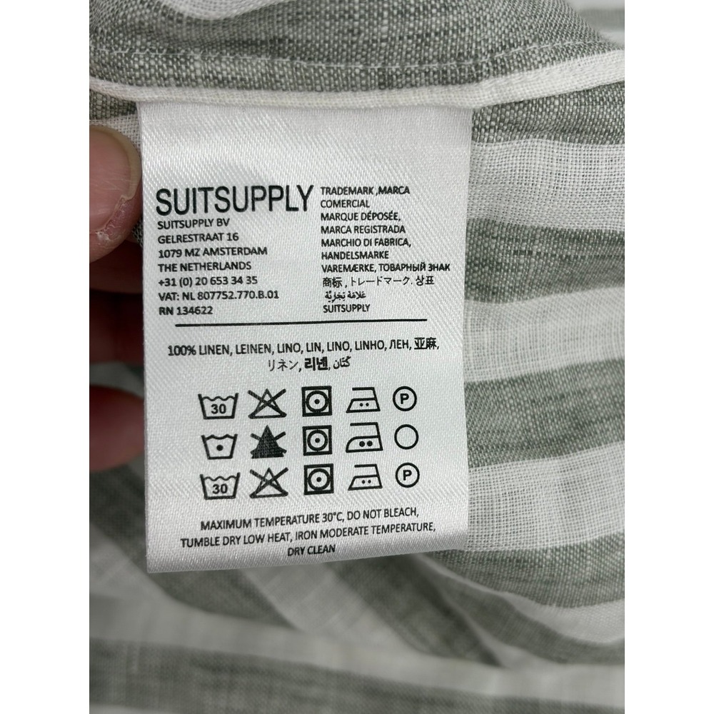 Suitsupply 100% Linen Shirt, Slim Fit , Striped Olive Green, Luxury, Size 41/42 - Picture 6 of 7